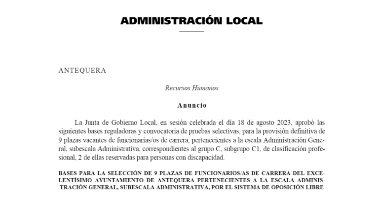 Abierto el plazo para las 9 plazas de Administrativo del Ayuntamiento de Antequera