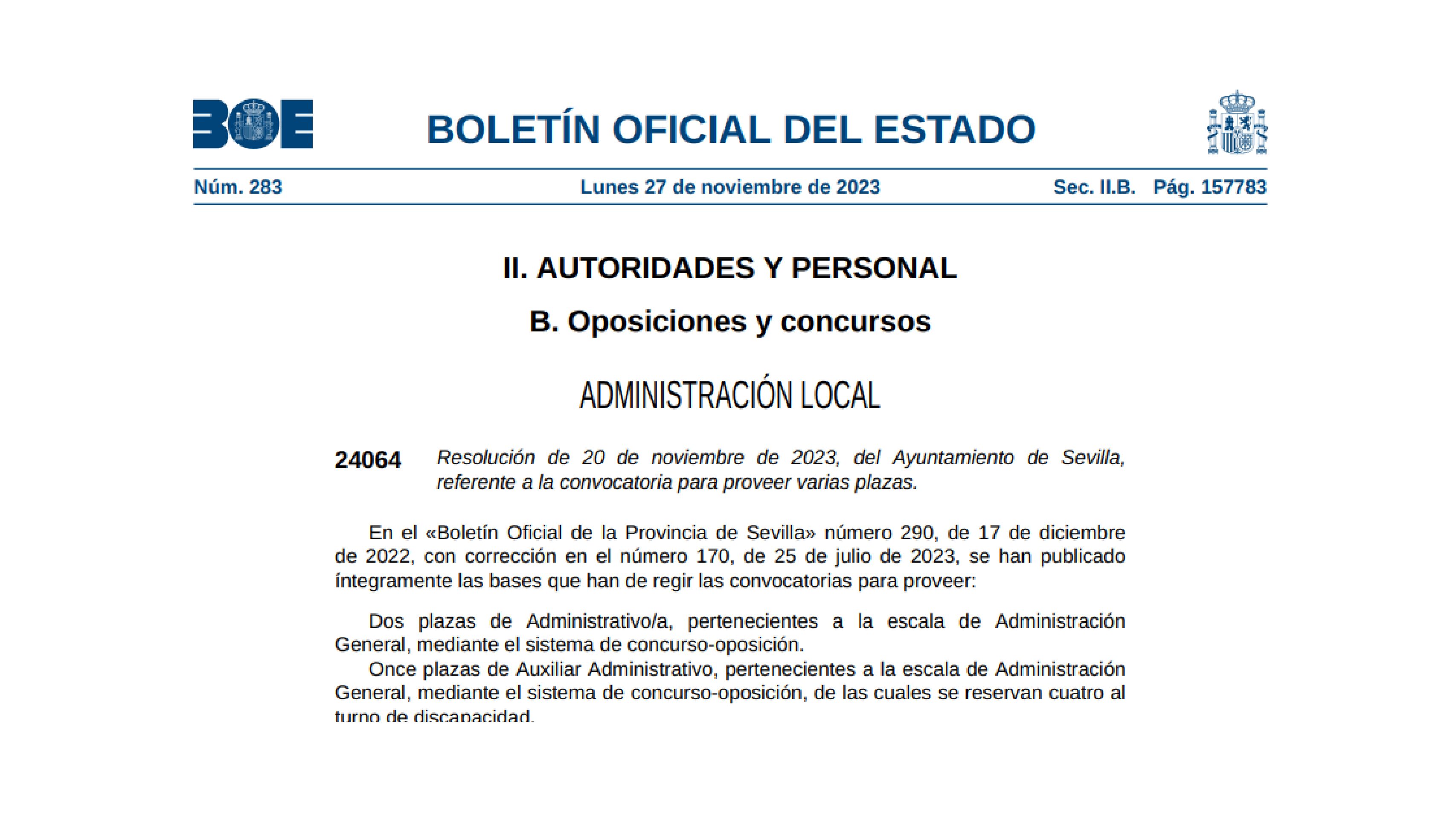 Abierto el plazo para 2 plazas de administrativo y 11 plazas de auxiliar del Ayuntamiento de Sevilla, mediante el sistema concurso oposición.