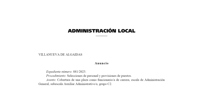 Bases de la convocatoria para cubrir 1 plaza de Auxiliar Administrativo como funcionario/a de carrera, con bolsa de trabajo, del Ayuntamiento de Villanueva de Algaidas