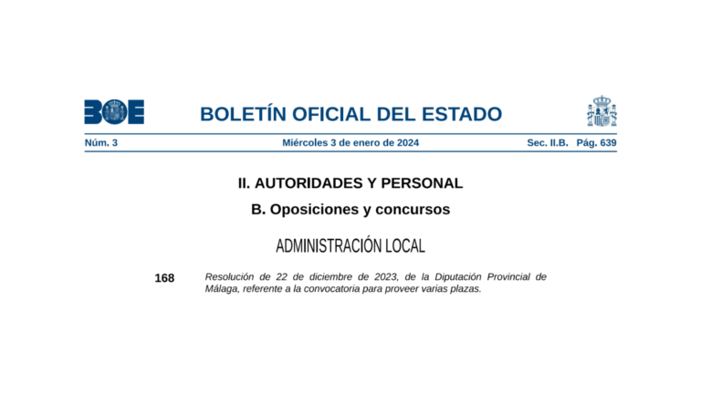 Diputación Provincial de Málaga: abierto el plazo para presentar solicitudes de 43 auxiliares administrativos, 21 plazas de abogados, 8 plazas de economistas, 2 de TAG, entre otras.