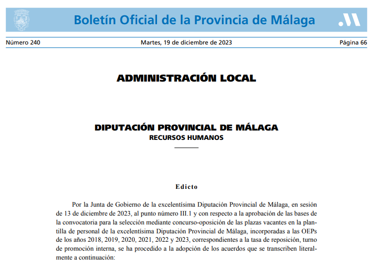 Diputación Provincial de Málaga: publicadas en el BOP de 19/12/2023: 28 plazas de  administrativo, 2 de Abogados, 2 de Técnico de Administración General,  2 de auxiliar administrativo, 1 de Técnico Medio de Gestión, entre otras.