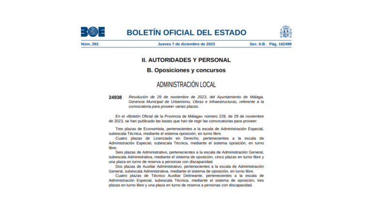 Publicadas en el BOE seis plazas de administrativo y dos plazas de auxiliar administrativo como funcionario/a de carrera del Ayuntamiento de Málaga, Gerencia Municipal de Urbanismo, Obras e Infraestructuras.